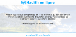 Une image avec le hadith : Anas (r) rapporte que le Prophète (ç) dit: «Tout musulman qui perd trois enfants n'ayant pas atteint leur majorité, Dieu le fera entrer au Paradis grâce à Sa Miséricorde accordée aux enfants décédés.» Hadith rapporté par Boukhari (n°1248)