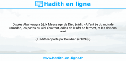 Une image avec le hadith : D'après Abu Hurayra (r), le Messsager de Dieu (ç) dit: «A l'entrée du mois de ramadân, les portes du Ciel s'ouvrent, celles de l'Enfer se ferment, et les démons sont enchaînés.» Hadith rapporté par Boukhari (n°1899)