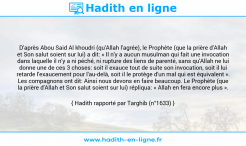 Une image avec le hadith : D'après Abou Said Al khoudri (qu'Allah l'agrée), le Prophète (que la prière d'Allah et Son salut soient sur lui) a dit: « Il n'y a aucun musulman qui fait une invocation dans laquelle il n'y a ni péché, ni rupture des liens de parenté, sans qu'Allah ne lui donne une de ces 3 choses: soit il exauce tout de suite son invocation, soit il lui retarde l'exaucement pour l'au-delà, soit il le protège d'un mal qui est équivalent ». Les compagnons ont dit: Ainsi nous devons en faire beaucoup. Le Prophète (que la prière d'Allah et Son salut soient sur lui) répliqua: « Allah en fera encore plus ». Hadith rapporté par Targhib (n°1633)