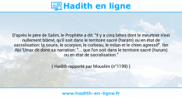 Une image avec le hadith : D'après le père de Salim, le Prophète a dit: "Il y a cinq bêtes dont le meurtrier n'est nullement blâmé, qu'il soit dans le territoire sacré (haram) ou en état de sacralisation: la souris, le scorpion, le corbeau, le milan et le chien agressif". Ibn Abi 'Umar dit dans sa narration: "... que l'on soit dans le territoire sacré (hurum) ou en état de sacralisation." Hadith rapporté par Mouslim (n°1199)