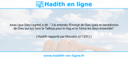 Une image avec le hadith : Anas (que Dieu l'agrée) a dit : "J'ai entendu l'Envoyé de Dieu (paix et bénédiction de Dieu sur lui) faire la Talbiya pour le Hajj et la 'Umra les deux ensemble". Hadith rapporté par Mouslim (n°1251)