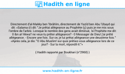 Une image avec le hadith : Directement d'al-Makky ben 'Ibrâhîm, directement de Yazîd ben Abu 'Ubayd qui dit: «Salama (r) dit: "Je prêtai allégeance au Prophète (ç) puis je me mis sous l'ombre de l'arbre. Lorsque le nombre des gens avait diminué, le Prophète me dit: 0 ibn al-'Akwa'! ne veux-tu prêter allégeance? - 0 Messager de Dieu! j'ai prêté allégeance. - Encore une fois. Sur ce, je lui prêtai allégeance une deuxième fois." «Après cela, je dis: "O Abu Muslim! sur quoi prêtiez-vous allégeance lors de ce jour? - Sur la mort, répondit-il."» Hadith rapporté par Boukhari (n°2960)