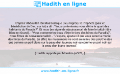Une image avec le hadith : D'après 'Abdoullâh Ibn Mas'oûd (que Dieu l'agrée), le Prophète (paix et bénédiction de Dieu sur lui) a dit : "Vous contenteriez-vous d'être le quart des habitants du Paradis?". Et nous (en signe de réjouissance) de faire le takbîr (dire Dieu est Grand). - "Vous contenteriez-vous d'être le tiers des hôtes du Paradis?". Nous fîmes de nouveau le takbîr. - "J'espère, ajouta-t-il que vous serez la moitié des hôtes du Paradis. En effet, les musulmans ne sont au milieu des polythéistes que comme un poil blanc sur la peau d'un taureau noir ou comme un poil noir sur la peau d'un blanc taureau". Hadith rapporté par Mouslim (n°221)