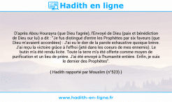 Une image avec le hadith : D'après Abou Hourayra (que Dieu l'agrée), l'Envoyé de Dieu (paix et bénédiction de Dieu sur lui) a dit : "Je fus distingué d'entre les Prophètes par six faveurs (que Dieu m'avaient accordées) : J'ai eu le don de la parole exhaustive quoique brève. J'ai reçu la victoire grâce à l'effroi (jeté dans les coeurs de mes ennemis). Le butin m'a été rendu licite. Toute la terre m'a été offerte comme moyen de purification et un lieu de prière. J'ai été envoyé à l'humanité entière. Enfin, je suis le dernier des Prophètes". Hadith rapporté par Mouslim (n°523)