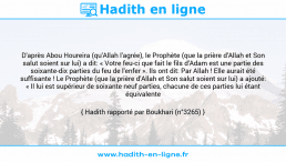 Une image avec le hadith : D'après Abou Houreira (qu'Allah l'agrée), le Prophète (que la prière d'Allah et Son salut soient sur lui) a dit: « Votre feu-ci que fait le fils d'Adam est une partie des soixante-dix parties du feu de l'enfer ». Ils ont dit: Par Allah ! Elle aurait été suffisante ! Le Prophète (que la prière d'Allah et Son salut soient sur lui) a ajouté: « Il lui est supérieur de soixante neuf parties, chacune de ces parties lui étant équivalente ». Hadith rapporté par Boukhari (n°3265)