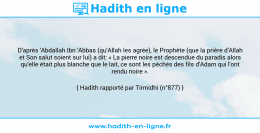 Une image avec le hadith : D'après 'Abdallah Ibn 'Abbas (qu'Allah les agrée), le Prophète (que la prière d'Allah et Son salut soient sur lui) a dit: « La pierre noire est descendue du paradis alors qu'elle était plus blanche que le lait, ce sont les péchés des fils d'Adam qui l'ont rendu noire ». Hadith rapporté par Tirmidhi (n°877)