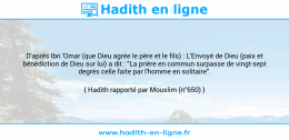 Une image avec le hadith : D'après Ibn 'Omar (que Dieu agrée le père et le fils) : L'Envoyé de Dieu (paix et bénédiction de Dieu sur lui) a dit : "La prière en commun surpasse de vingt-sept degrés celle faite par l'homme en solitaire". Hadith rapporté par Mouslim (n°650)