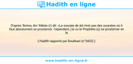 Une image avec le hadith : D'après 'Ikrima, ibn 'Abbâs (r) dit: «La sourate de âd n'est pas des sourates où il faut absolument se prosterner. Cependant, j'ai vu le Prophète (ç) se prosterner en la récitant.» Hadith rapporté par Boukhari (n°3422)