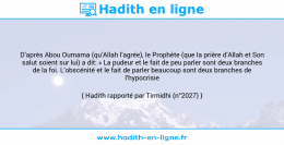 Une image avec le hadith : D’après Abou Oumama (qu’Allah l’agrée), le Prophète (que la prière d’Allah et Son salut soient sur lui) a dit: « La pudeur et le fait de peu parler sont deux branches de la foi. L’obscénité et le fait de parler beaucoup sont deux branches de l’hypocrisie » Hadith rapporté par Tirmidhi (n°2027)