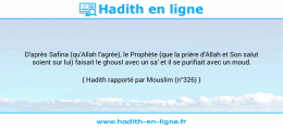 Une image avec le hadith : D'après Safina (qu'Allah l'agrée), le Prophète (que la prière d'Allah et Son salut soient sur lui) faisait le ghousl avec un sa' et il se purifiait avec un moud. Hadith rapporté par Mouslim (n°326)