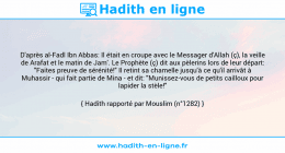 Une image avec le hadith : D'après al-Fadl Ibn Abbas: Il était en croupe avec le Messager d'Allah (ç), la veille de Arafat et le matin de Jam'. Le Prophète (ç) dit aux pèlerins lors de leur départ: "Faites preuve de sérénité!" Il retint sa chamelle jusqu'à ce qu'il arrivât à Muhassir - qui fait partie de Mina - et dit: "Munissez-vous de petits cailloux pour lapider la stèle!" Hadith rapporté par Mouslim (n°1282)