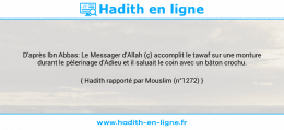 Une image avec le hadith : D'après Ibn Abbas: Le Messager d'Allah (ç) accomplit le tawaf sur une monture durant le pèlerinage d'Adieu et il saluait le coin avec un bâton crochu. Hadith rapporté par Mouslim (n°1272)