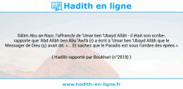 Une image avec le hadith : Sâlim Abu an-Nazr, l'affranchi de 'Umar ben 'Ubayd Allâh - il était son scribe-, rapporte que 'Abd Allâh ben Abu 'Awfâ (r) a écrit à 'Umar ben 'Ubayd Allâh que le Messager de Dieu (ç) avait dit: «... Et sachez que le Paradis est sous l'ombre des épées.» Hadith rapporté par Boukhari (n°2818)