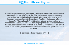 Une image avec le hadith : D'après Oum Sulaym (raa), J'interrogeai l'Envoyé de Dieu (paix et bénédiction de Dieu sur lui) de ce que la femme doit faire si elle voit un songe érotique, tout comme l'homme. - "Si elle éjacule, répondit le Prophète, elle devra se laver". Eprouvant un peu de honte, je demandai au Prophète : "Est-ce que la femme éjacule?". - "Oui, répliqua le Prophète, sinon grâce à quoi son enfant lui ressemblerait-il. Le liquide émis par l'homme (le sperme) est épais et blanchâtre, tandis que celui de la femme est fluide et jaunâtre. La ressemblance (de l'enfant à l'un de ses parents) dépend alors de celui des deux liquides qui atteint l'utérus le premier". Hadith rapporté par Mouslim (n°311)