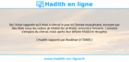 Une image avec le hadith : Ibn 'Umar rapporte qu'il était à cheval le jour où l'armée musulmane, envoyée par Abu Bakr sous les ordres de Khâlid ibn al-Walîd, rencontra l'ennemi. L'ennemi s'empara du cheval, mais après leur défaite Khâlid le récupéra. Hadith rapporté par Boukhari (n°3069)
