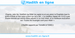 Une image avec le hadith : D'après Jabir Ibn 'Abdillah (qu'Allah les agrée lui et son père), le Prophète (que la prière d'Allah et Son salut soient sur lui) a dit : « Le meilleur rappel est -Il n'y a pas d'autre divinité qui mérite d'être adorée si ce n'est Allah- et la meilleure invocation est -Toutes les louanges sont pour Allah- ». Hadith rapporté par Tirmidhi (n°3383)