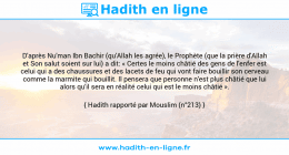 Une image avec le hadith : D'après Nu'man Ibn Bachir (qu'Allah les agrée), le Prophète (que la prière d'Allah et Son salut soient sur lui) a dit: « Certes le moins châtié des gens de l'enfer est celui qui a des chaussures et des lacets de feu qui vont faire bouillir son cerveau comme la marmite qui bouillit. Il pensera que personne n'est plus châtié que lui alors qu'il sera en réalité celui qui est le moins châtié ». Hadith rapporté par Mouslim (n°213)
