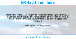 Une image avec le hadith : D'après Abou Ayoub Al Ansari (qu'Allah l'agrée), le Prophète (que la prière d'Allah et Son salut soient sur lui) a dit « Celui qui fait les ablutions comme il lui a été ordonné et prie comme il lui a été ordonné il lui est pardonné ses péchés précédents ». Hadith rapporté par Targhib (n°196)