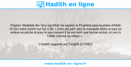 Une image avec le hadith : D'après 'Abdallah Ibn 'Amr (qu'Allah les agrée), le Prophète (que la prière d'Allah et Son salut soient sur lui) a dit: « Celui qui part vers la mosquée alors un pas lui enlève un péché et pour le pas suivant il lui est écrit une bonne action; et ceci à l'allée comme au retour ». Hadith rapporté par Targhib (n°299)