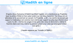 Une image avec le hadith : D’après Abou Oumama Al Bahili (qu’Allah l’agrée), on a mentionné au Prophète (que la prière d’Allah et Son salut soient sur lui) deux hommes: l’un d’eux est un adorateur et le second est un savant. le Prophète a dit: « Le mérite du savant par rapport à l’adorateur est comme mon mérite par rapport au plus bas d’entre-vous » puis il a dit: « Certes les anges et les gens des cieux et de la terre, même la fourmis dans son trou, même la poisson prient pour celui qui enseigne le bien aux gens » Hadith rapporté par Tirmidhi (n°2685)