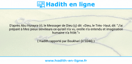Une image avec le hadith : D'après Abu Hurayra (r), le Messager de Dieu (ç) dit: «Dieu, le Très Haut, dit: "J'ai préparé à Mes pieux serviteurs ce qu'œil n'a vu, oreille n'a entendu et imagination humaine n'a frôlé."» Hadith rapporté par Boukhari (n°3244)