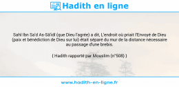 Une image avec le hadith : Sahl Ibn Sa'd As-Sâ'idî (que Dieu l'agrée) a dit, L'endroit où priait l'Envoyé de Dieu (paix et bénédiction de Dieu sur lui) était séparé du mur de la distance nécessaire au passage d'une brebis. Hadith rapporté par Mouslim (n°508)