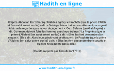 Une image avec le hadith : D'après 'Abdallah Ibn 'Omar (qu'Allah les agrée), le Prophète (que la prière d'Allah et Son salut soient sur lui) a dit: « Celui qui laisse traîner son vêtement par orgueil Allah ne le regardera pas le jour du jugement ». Oum Salama (qu'Allah l'agrée) a dit: Comment doivent faire les femmes avec leurs traînes ? Le Prophète (que la prière d'Allah et Son salut soient sur lui) a dit: « Elles les font descendre d'un empan ». Elle a dit: Alors leurs pieds vont se découvrir. Le Prophète (que la prière d'Allah et Son salut soient sur lui) a dit: « Elles les font descendre d'une coudée et qu'elles ne rajoutent pas à cela ». Hadith rapporté par Tirmidhi (n°1731)