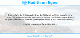 Une image avec le hadith : D'après Sa'id Ibn Al Mousayib, 'Omar Ibn Al Khatab (qu'Allah l'agrée) a dit: « Certes l'invocation est arrêtée entre le ciel et la terre, rien d'elle ne monte, jusqu'à ce que tu pries sur ton Prophète (que la prière d'Allah et Son salut soient sur lui) ». Hadith rapporté par Tirmidhi (n°486)