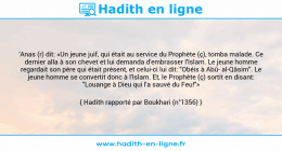 Une image avec le hadith : 'Anas (r) dit: «Un jeune juif, qui était au service du Prophète (ç), tomba malade. Ce dernier alla à son chevet et lui demanda d'embrasser l'Islam. Le jeune homme regardait son père qui était présent, et celui-ci lui dit: "Obéis à Abû al-Qâsim". Le jeune homme se convertit donc à l'Islam. Et, le Prophète (ç) sortit en disant: "Louange à Dieu qui l'a sauvé du Feu!"» Hadith rapporté par Boukhari (n°1356)