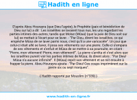 Une image avec le hadith : D'après Abou Hourayra (que Dieu l'agrée), le Prophète (paix et bénédiction de Dieu sur lui) a dit : Les israélites se lavaient tous nus, les uns regardant les parties intimes des autres; tandis que Moïse (Mûsa) (que la paix de Dieu soit sur lui) se mettait à l'écart pour se laver. - "Par Dieu, dirent les israélites, ce qui empêche Mûsa de se laver parmi nous, c'est qu'il a une varicocèle". Un jour que celui-ci était allé se laver, il posa ses vêtements sur une pierre. Celle-ci s'empara de ses vêtements et s'enfuit et Mûsa de se mettre à sa poursuite, en criant : "Pierre, mon vêtement! Pierre, mon vêtement!". La pierre s'arrêta et c'est alors que les israélites purent voir les parties intimes de Mûsa; ils dirent alors : "Par Dieu! Mûsa n'a aucune infirmité". Il (Mûsa) reprit son vêtement et se mit ensuite à frapper la pierre. Abou Hourayra ajouta : "Par Dieu! Ces coups imprimèrent sur la pierre six ou sept marques". Hadith rapporté par Mouslim (n°339)