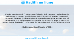 Une image avec le hadith : D'après Anas Ibn Malik: "Le Messager d'Allah (ç) était, des gens, celui qui avait le meilleur comportement. Parfois l'heure de la prière arrivait alors qu'il se trouvait dans notre demeure. Il ordonnait alors de prendre le tapis qui se trouvais sous lui, de le balayer, puis de l'asperger d'eau. Ensuite il présidait à la prière et nous nous tenions debout derrière lui". La narrateur dit: "Leur tapis était fait de feuilles de palmier." Hadith rapporté par Mouslim (n°659)