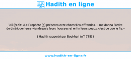 Une image avec le hadith : 'Ali (r) dit: «Le Prophète (ç) présenta cent chamelles-offrandes. Il me donna l'ordre de distribuer leurs viande puis leurs housses et enfin leurs peaux, c'est ce que je fis.» Hadith rapporté par Boukhari (n°1718)