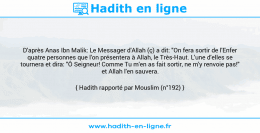 Une image avec le hadith : D'après Anas Ibn Malik: Le Messager d'Allah (ç) a dit: "On fera sortir de l'Enfer quatre personnes que l'on présentera à Allah, le Très-Haut. L'une d'elles se tournera et dira: "Ô Seigneur! Comme Tu m'en as fait sortir, ne m'y renvoie pas!" et Allah l'en sauvera. Hadith rapporté par Mouslim (n°192)
