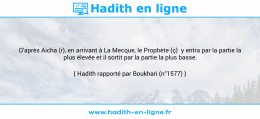 Une image avec le hadith : D'après Aicha (r), en arrivant à La Mecque, le Prophète (ç) y entra par la partie la plus élevée et il sortit par la partie la plus basse. Hadith rapporté par Boukhari (n°1577)
