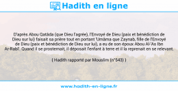 Une image avec le hadith : D'après Abou Qatâda (que Dieu l'agrée), l'Envoyé de Dieu (paix et bénédiction de Dieu sur lui) faisait sa prière tout en portant 'Umâma que Zaynab, fille de l'Envoyé de Dieu (paix et bénédiction de Dieu sur lui), a eu de son époux Abou Al-'As Ibn Ar-Rabî'. Quand il se prosternait, il déposait l'enfant à terre et il la reprenait en se relevant. Hadith rapporté par Mouslim (n°543)