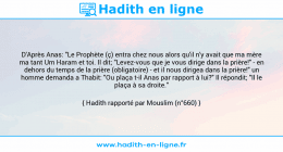 Une image avec le hadith : D'Après Anas: "Le Prophète (ç) entra chez nous alors qu'il n'y avait que ma mère ma tant Um Haram et toi. Il dit; "Levez-vous que je vous dirige dans la prière!" - en dehors du temps de la prière (obligatoire) - et il nous dirigea dans la prière!" un homme demanda a Thabit: "Ou plaça t-il Anas par rapport à lui?" Il répondit; "Il le plaça à sa droite." Hadith rapporté par Mouslim (n°660)