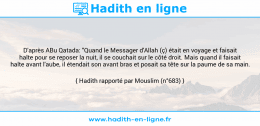 Une image avec le hadith : D'après ABu Qatada: "Quand le Messager d'Allah (ç) était en voyage et faisait halte pour se reposer la nuit, il se couchait sur le côté droit. Mais quand il faisait halte avant l'aube, il étendait son avant bras et posait sa tête sur la paume de sa main. Hadith rapporté par Mouslim (n°683)