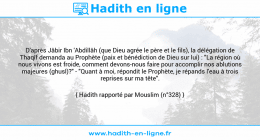 Une image avec le hadith : D'après Jâbir Ibn 'Abdillâh (que Dieu agrée le père et le fils), la délégation de Thaqîf demanda au Prophète (paix et bénédiction de Dieu sur lui) : "La région où nous vivons est froide, comment devons-nous faire pour accomplir nos ablutions majeures (ghusl)?" - "Quant à moi, répondit le Prophète, je répands l'eau à trois reprises sur ma tête". Hadith rapporté par Mouslim (n°328)