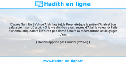 Une image avec le hadith : D’après Sahl Ibn Sa’d (qu’Allah l’agrée), le Prophète (que la prière d’Allah et Son salut soient sur lui) a dit: « Si la vie d’ici-bas avait auprès d’Allah la valeur de l’aile d’une moustique alors il n’aurait pas donné à boire au mécréant une seule gorgée d’eau ». Hadith rapporté par Tirmidhi (n°2320)