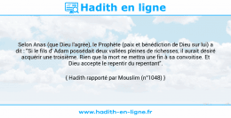 Une image avec le hadith : Selon Anas (que Dieu l'agrée), le Prophète (paix et bénédiction de Dieu sur lui) a dit : "Si le fils d' Adam possédait deux vallées pleines de richesses, il aurait désiré acquérir une troisième. Rien que la mort ne mettra une fin à sa convoitise. Et Dieu accepte le repentir du repentant". Hadith rapporté par Mouslim (n°1048)