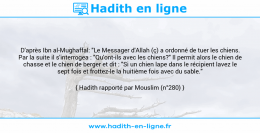 Une image avec le hadith : D'après Ibn al-Mughaffal: "Le Messager d'Allah (ç) a ordonné de tuer les chiens. Par la suite il s'interrogea : "Qu'ont-ils avec les chiens?" Il permit alors le chien de chasse et le chien de berger et dit : "Si un chien lape dans le récipient lavez le sept fois et frottez-le la huitième fois avec du sable." Hadith rapporté par Mouslim (n°280)