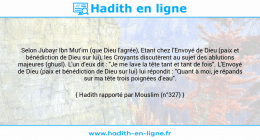 Une image avec le hadith : Selon Jubayr Ibn Mut'im (que Dieu l'agrée), Etant chez l'Envoyé de Dieu (paix et bénédiction de Dieu sur lui), les Croyants discutèrent au sujet des ablutions majeures (ghusl). L'un d'eux dit : "Je me lave la tête tant et tant de fois". L'Envoyé de Dieu (paix et bénédiction de Dieu sur lui) lui répondit : "Quant à moi, je répands sur ma tête trois poignées d'eau". Hadith rapporté par Mouslim (n°327)