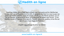 Une image avec le hadith : 'Anas ben Mâlik: Um ar-Rabî' bent al-Barâ', qui n'est autre qu'Um Hâritha ben Surâqa, vint voir le Prophète (ç) et lui dit: «O prophète de Dieu! ne veux-tu pas me parler de Hâritha (Hâritha avait été abattu à Badr par une flèche perdue), car s'il est au Paradis, je patienterai; sinon, je le pleurerai de toutes mes forces - 0 Um Hâritha, lui dit le Prophète, il y a dans le Paradis plusieurs jardins, et ton fils est dans le plus haut degré du Firdaws.» Hadith rapporté par Boukhari (n°2810)