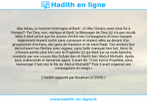 Une image avec le hadith : Abu Ishaq, un homme interrogea al-Barâ': «O Abu 'Umara, avez-vous fui à Hunayn?- Par Dieu, non, répliqua al-Barâ', le Messager de Dieu (ç) n'a pas reculé. Mais il était arrivé que les jeunes d'entre ses Compagnons et ceux équipés légèrement étaient sortis sans cuirasses et étaient allés au devant d'un groupement d'archers, des gens de Hawâzin et de banû Nadr. Ces archers leur décochaient les flèches avec vigueur, sans faillir manquer leur but. Alors ils s'étaient portés plus loin vers le Prophète (ç) qui était sur sa mule blanche, conduite par son cousin Abu Sufyân ben Al-Hârith ben 'Abd-ul-Muttalib. Après quoi, il descendit et demanda appui; il avait dit: "C'est moi le Prophète, sans mensonge! C'est moi le fils de 'Abd-ul-Muttalib!" Puis il avait organisé ses compagnons en rangs.» Hadith rapporté par Boukhari (n°2930)