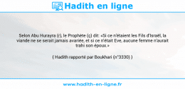 Une image avec le hadith : Selon Abu Hurayra (r), le Prophète (ç) dit: «Si ce n'étaient les Fils d'Israël, la viande ne se serait jamais avariée, et si ce n'était Eve, aucune femme n'aurait trahi son époux.» Hadith rapporté par Boukhari (n°3330)