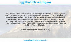 Une image avec le hadith : D'après Abu 'lshâq, un homme dit à al-Barâ' (r):0 Abu 'Umâra, avez-vous pris la fuite le jour de Hunayn? - Non, j'en jure par Dieu, répondit al Barâ', le Prophète (ç) n'avait pas pris la fuite. C'est plutôt ceux qui étaient pressés qui avaient reculé. Les Hawâzin les avaient alors accueillis avec des tirs de flèches. Quant au Prophète (ç), il était sur sa mule blanche dont Abu Sufyân ben Hârith tenait la bride. Le Prophète (ç) disait: C'est moi le prophète sans nul mensonge. C'est moi le fils de 'Abd-ul Muttalib. Hadith rapporté par Boukhari (n°2874)