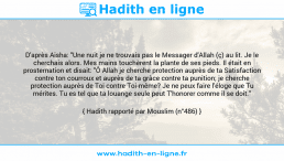 Une image avec le hadith : D'après Aisha: "Une nuit je ne trouvais pas le Messager d'Allah (ç) au lit. Je le cherchais alors. Mes mains touchèrent la plante de ses pieds. Il était en prosternation et disait: "Ô Allah je cherche protection auprès de ta Satisfaction contre ton courroux et auprès de ta grâce contre ta punition; je cherche protection auprès de Toi contre Toi-même? Je ne peux faire l'éloge que Tu mérites. Tu es tel que ta louange seule peut T'honorer comme il se doit." Hadith rapporté par Mouslim (n°486)