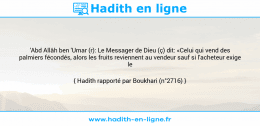 Une image avec le hadith : 'Abd Allâh ben 'Umar (r): Le Messager de Dieu (ç) dit: «Celui qui vend des palmiers fécondés, alors les fruits reviennent au vendeur sauf si l'acheteur exige le contraire...» Hadith rapporté par Boukhari (n°2716)