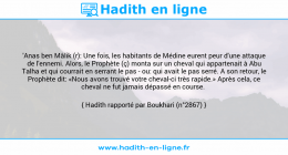 Une image avec le hadith : 'Anas ben Mâlik (r): Une fois, les habitants de Médine eurent peur d'une attaque de l'ennemi. Alors, le Prophète (ç) monta sur un cheval qui appartenait à Abu Talha et qui courrait en serrant le pas - ou: qui avait le pas serré. A son retour, le Prophète dit: «Nous avons trouvé votre cheval-ci très rapide.» Après cela, ce cheval ne fut jamais dépassé en course. Hadith rapporté par Boukhari (n°2867)