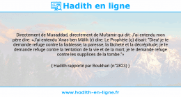 Une image avec le hadith : Directement de Musaddad, directement de Mu'tamir qui dit: J'ai entendu mon père dire: «J'ai entendu 'Anas ben Mâlik (r) dire: Le Prophète (ç) disait: "Dieu! je te demande refuge contre la faiblesse, la paresse, la lâcheté et la décrépitude; je te demande refuge contre la tentation de la vie et de la mort; je te demande refuge contre les supplices de la tombe."» Hadith rapporté par Boukhari (n°2823)